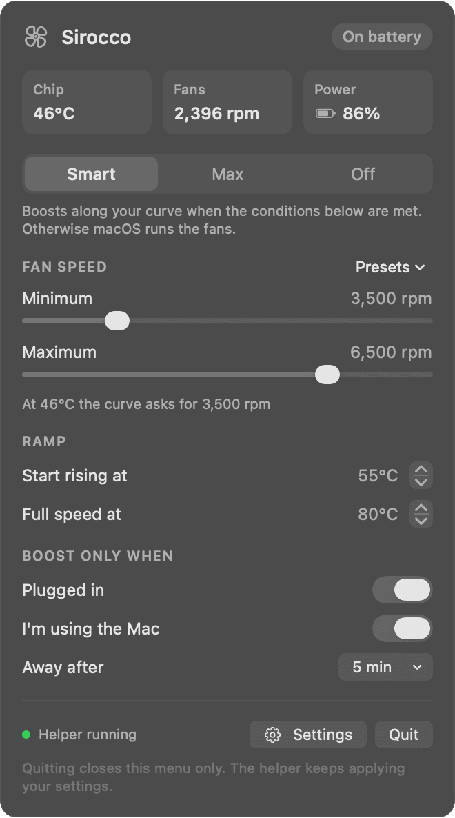 The Sirocco panel: chip temperature, fan speed, mode and fan curve settings
