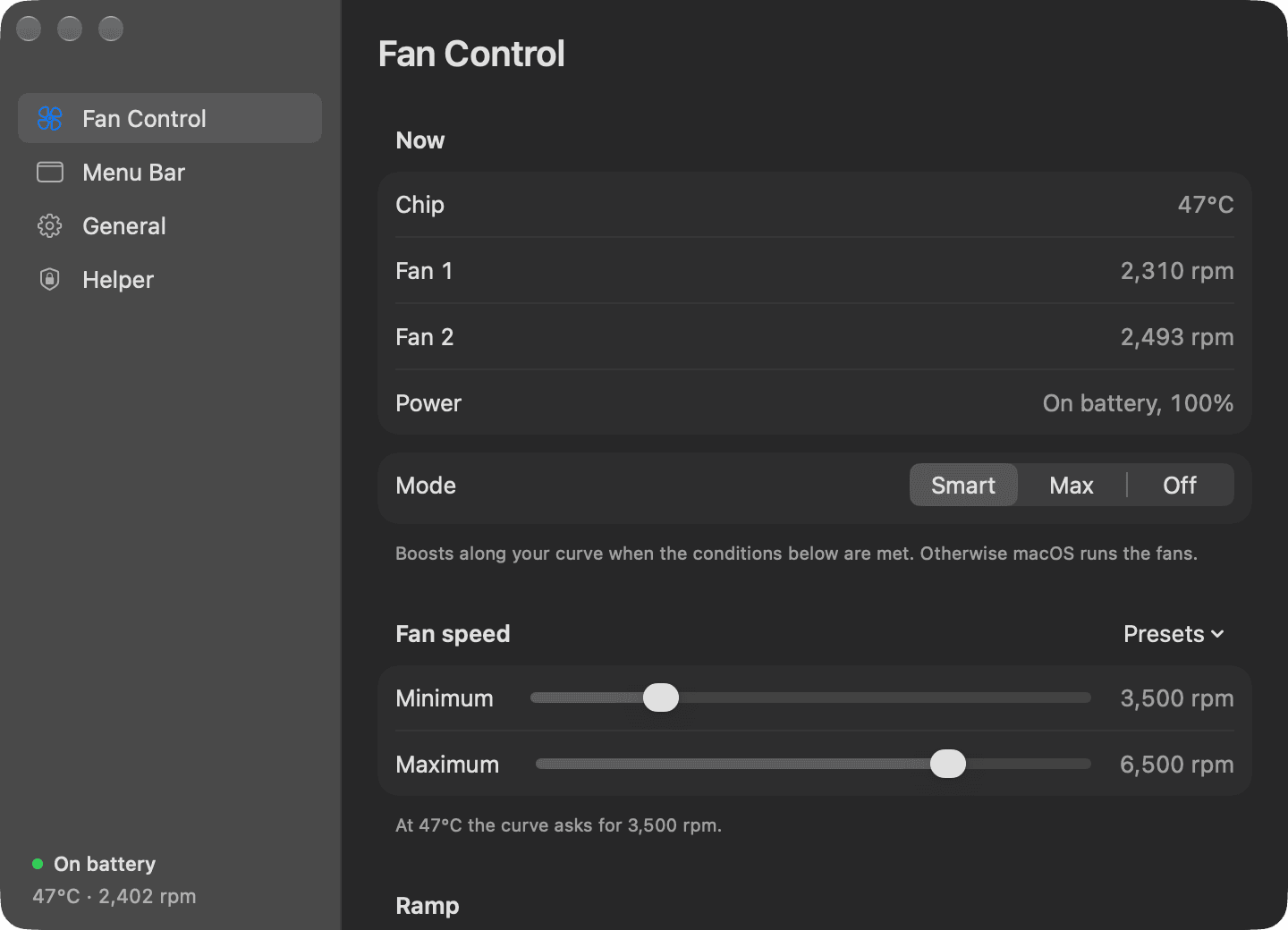 Sirocco settings window showing live fan readings and the Smart, Max and Off modes